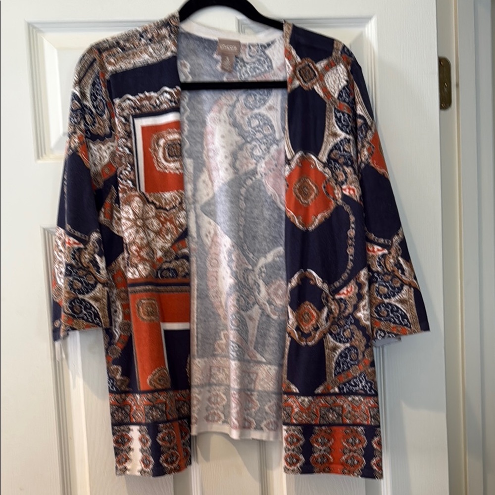 Chico's Navy, Orange, Cream and Brown Lightweight Sweater Open-Front